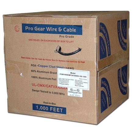 Pro Gear RG-6 Single Coax, CCS, Dish Approved, UL, 1000ft, Black