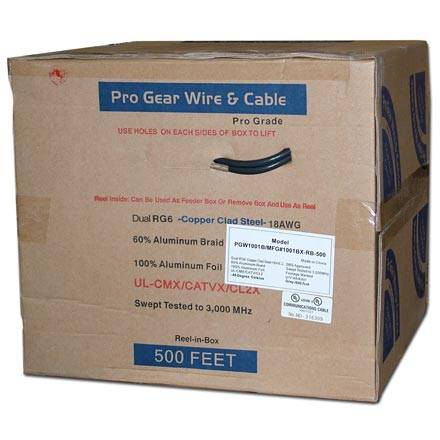 Pro Gear RG-6 Dual Coax, CCS, Dish Approved, UL, 500ft, black