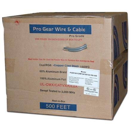 Pro Gear RG-6 Dual Coax, CCS, Dish Approved, UL, 500ft, gray